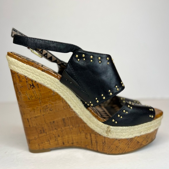 Jessica Simpson Geno Cork Platform Wedge Leather Studded Buckle Sandals Size 8M - Picture 2 of 9